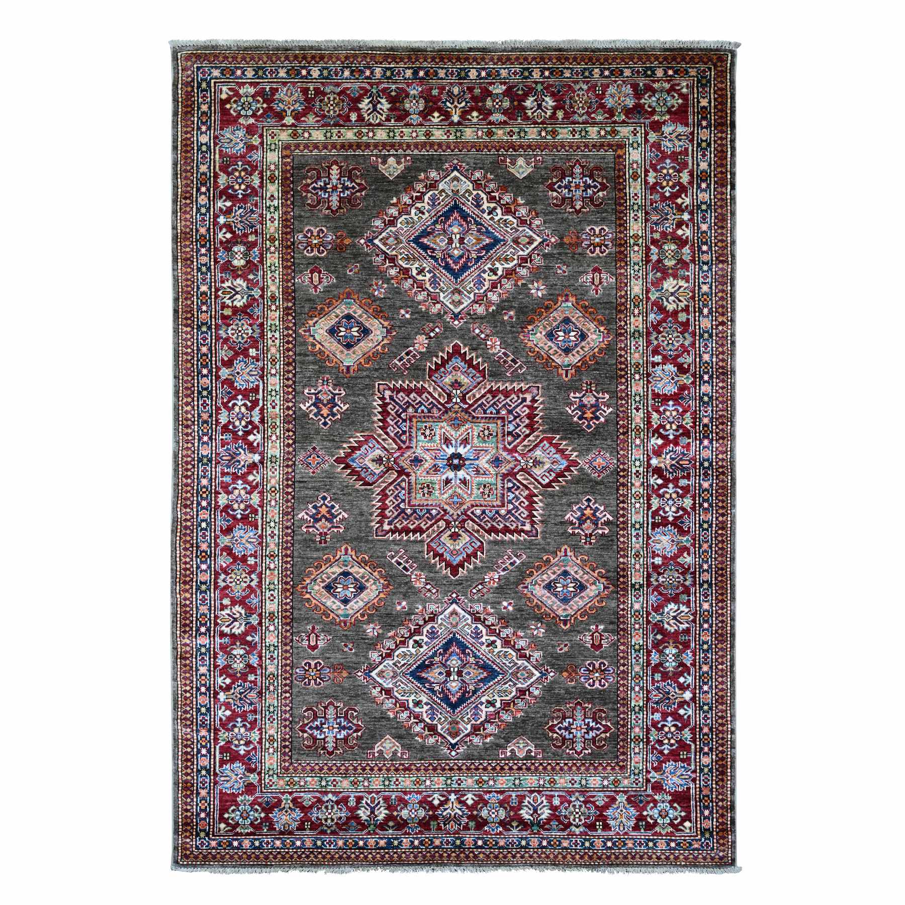 Seaweed Green, Afghan Super Kazak with Geometric Medallions Design, Hand Knotted, Soft and Velvety Wool, Vegetable Dyes, Oriental Rug